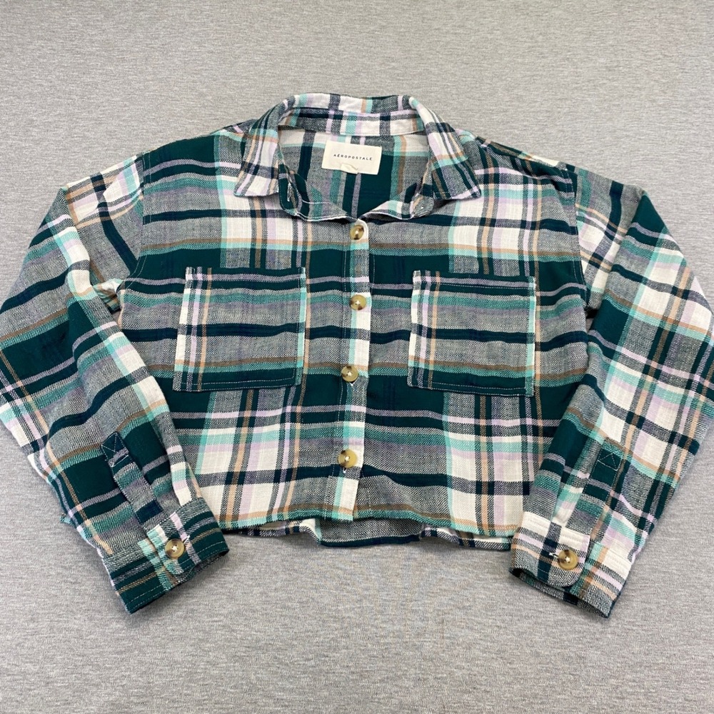 Aeropostale Y2K Plaid Flannel Cropped Shirt Women Small Button Down Long Slv